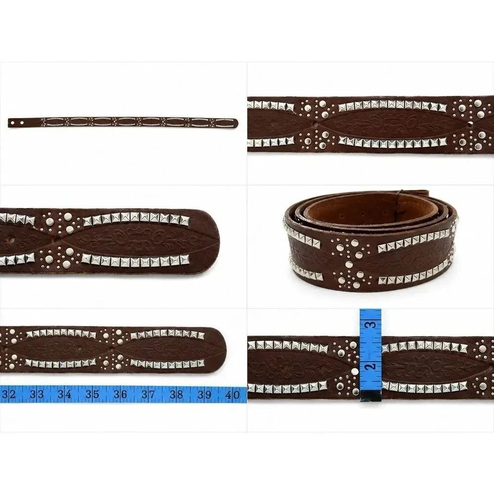Vintage Brown Leather Studded Belt Silver Pyramid Studs Western Boho Punk Sz 36
